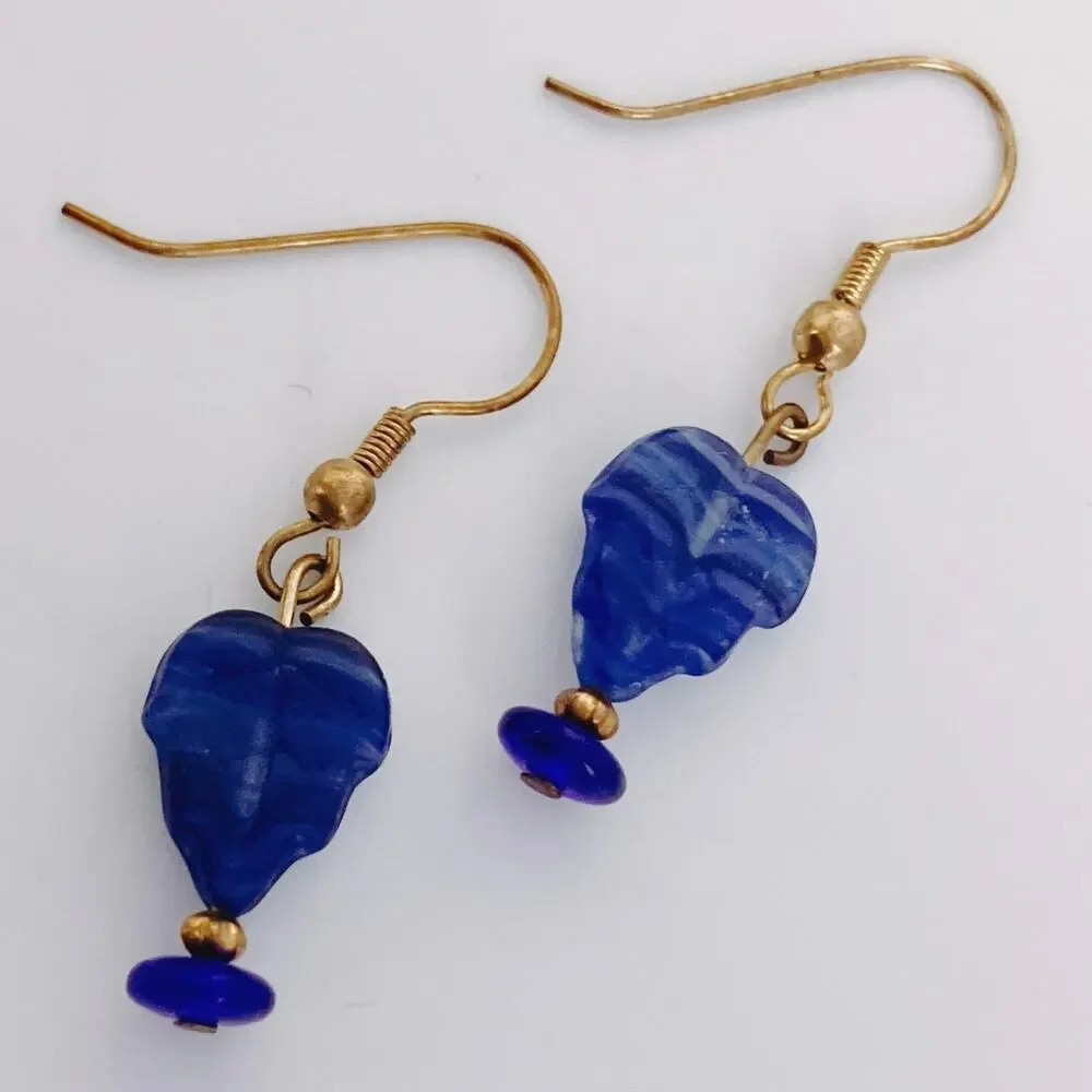 Colbalt Blue Glass Leaf Dangle Earrings Cute Boho Botanical Gold Tone Hooks